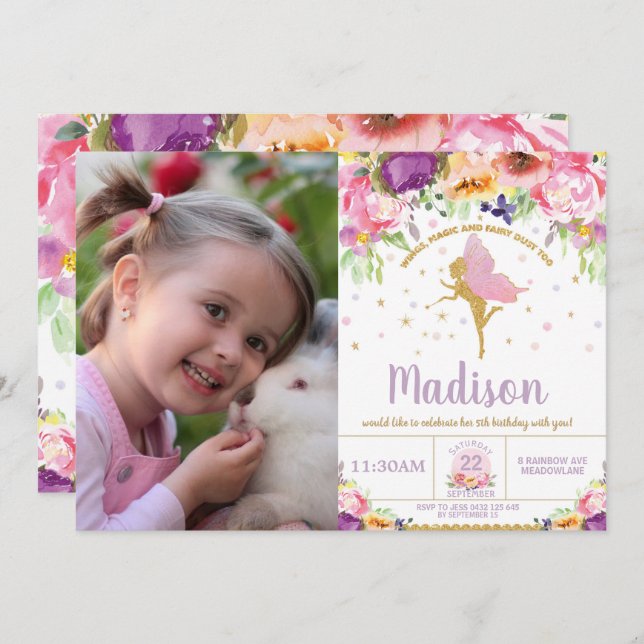 Fairy Birthday Invitations Purple Floral Whimsical (Front/Back)