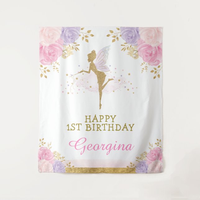 Fairy Birthday Pink Purple Floral Party Backdrop Tapestry (Front)