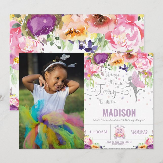 Fairy Birthday Purple Floral Silver Glitter Photo Invitation (Front/Back)