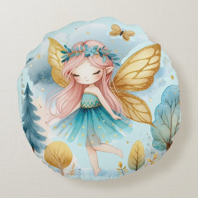 Fairy Birthday Teal Gold Pink Princess Fairytale Round Pillow (Back)