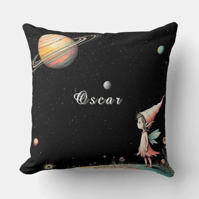 Fairy Contemplating Space with Planets Throw Pillow (Front)