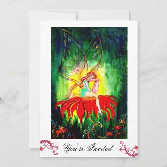FAIRY DREAMING ON A RED FLOWER white yellow green Invitation (Front)