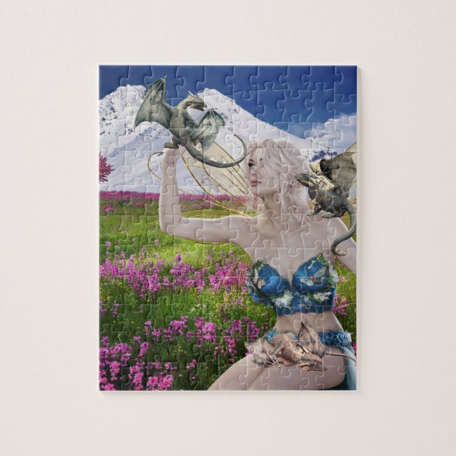 Fairy Elf and Baby Dragons Cute Landscape Jigsaw Puzzle (Vertical)