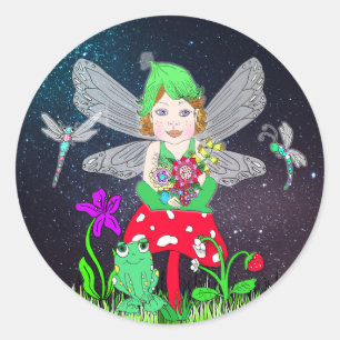 Fairy Elf Girl Sitting on Magical Mushroom Classic Round Sticker