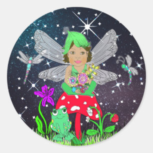 Fairy Elf Girl Sitting on Magical Mushroom Classic Round Sticker