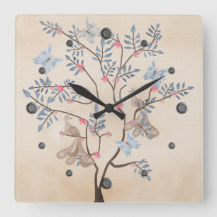 Fairy fantasy tree birds flowers beige grunge retr square wall clock