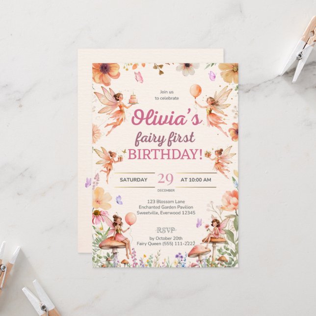 Fairy First Birthday 1st Birthday Invitation (Front/Back In Situ)