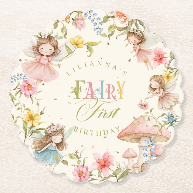 Fairy First Birthday Colorful Bright Wildflower Paper Coaster (Front)