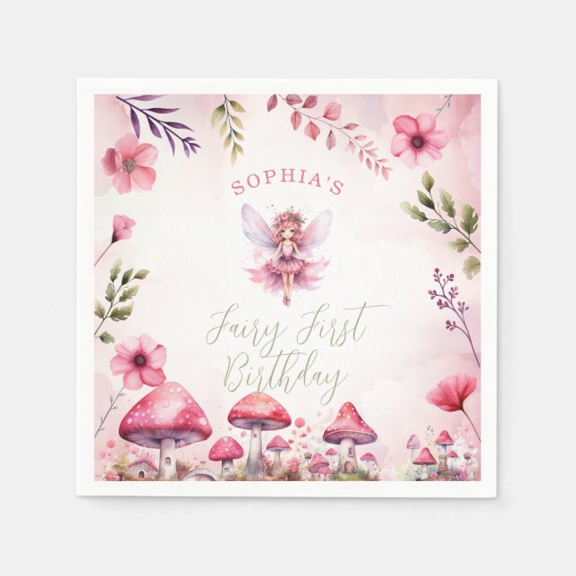 Fairy First Birthday Enchanted Forest Mushroom Napkin (Front)