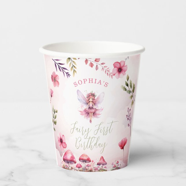 Fairy First Birthday Enchanted Forest Mushroom Paper Cups (Front)