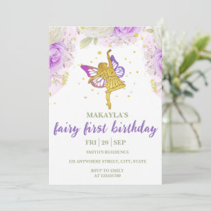 Fairy First Birthday flowers Watercolor Mushroom Invitation
