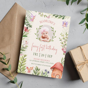 Fairy First Birthday Forest Mushroom Photo Invitation
