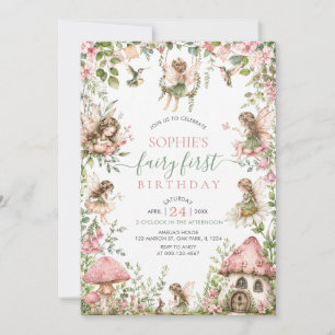 Fairy First Birthday Forest Watercolor Cute Girl Invitation