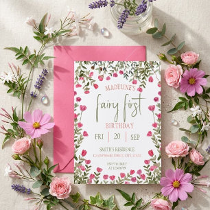 Fairy First  Birthday Forest Watercolor Mushroom  Invitation