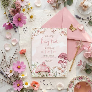 Fairy First Birthday Forest Watercolor Mushroom  Invitation