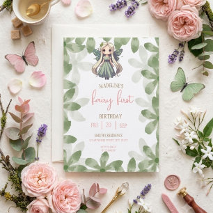 Fairy First Birthday Forest Watercolor Mushroom  Invitation