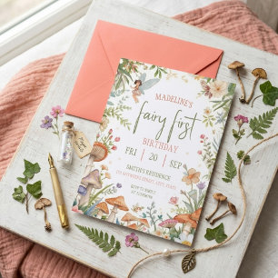 Fairy First  Birthday Forest Watercolor Mushroom  Invitation