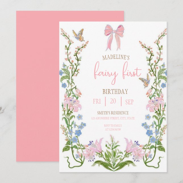 Fairy First Birthday Forest Watercolor Mushroom  Invitation (Front/Back)