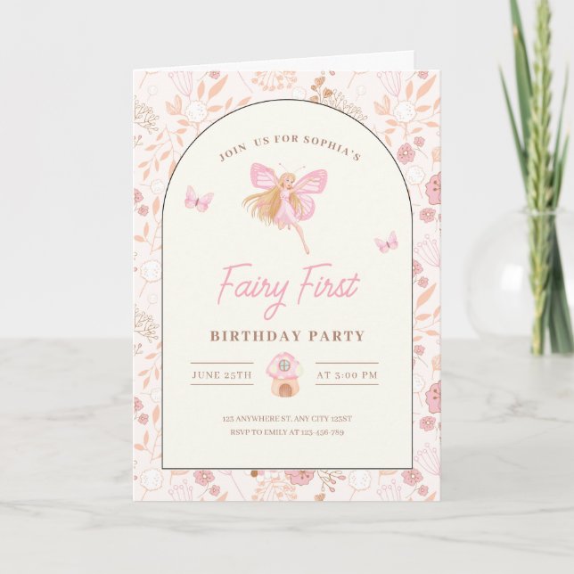 Fairy First Birthday Invitation, Garden birthday  Invitation (Front)