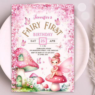 Fairy First Birthday Mushroom Enchanted Forest Invitation