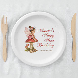Fairy First Birthday Mushroom Red Script Cute Girl Paper Plate
