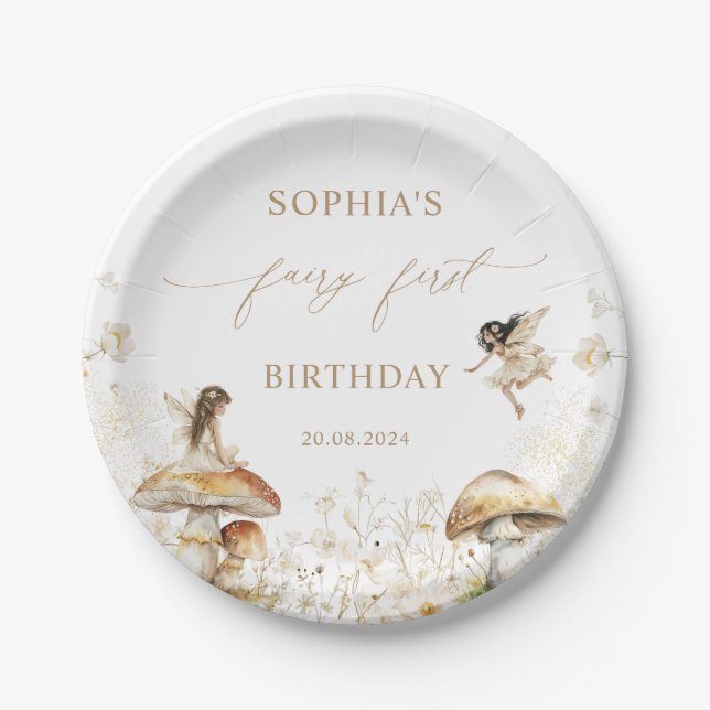 Fairy First Birthday Party Boho Paper Plate (Front)