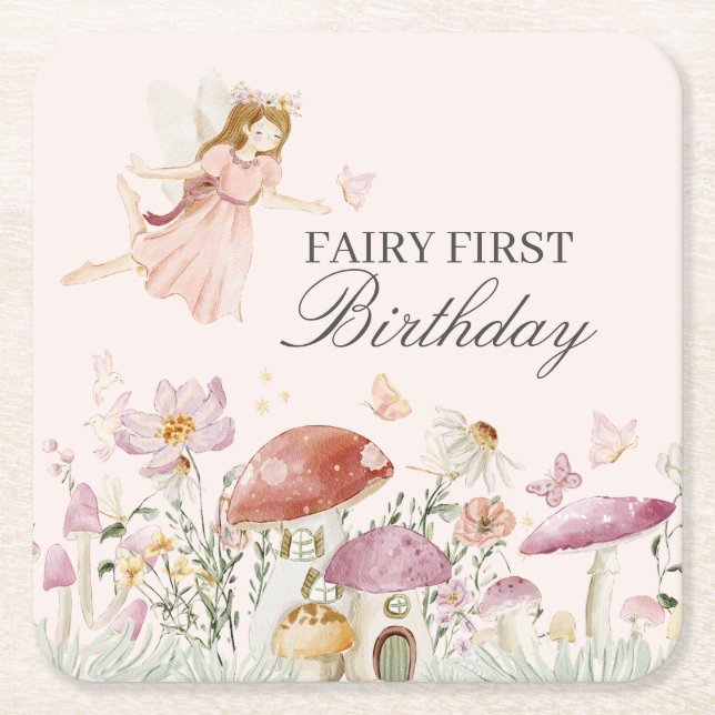 Fairy First Birthday Party Decor Square Paper Coaster (Front)