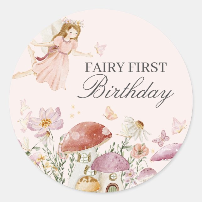 Fairy First Birthday Party Dessert Favour Classic Round Sticker (Front)