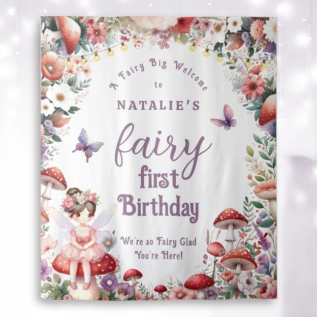Fairy First Birthday Party Floral Welcome Backdrop Tapestry (Fairy First Birthday Welcome Backdrop with Brown Hair Fairy Girl and Enchanted Garden.)