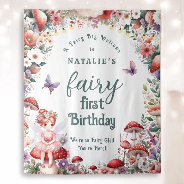 Fairy First Birthday Party Garden Welcome Backdrop Tapestry (Fairy First Birthday Welcome Backdrop with red Hair Fairy Girl and Enchanted Garden)