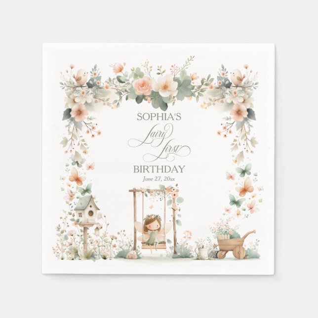 Fairy First Birthday Party Personalized Napkin (Front)