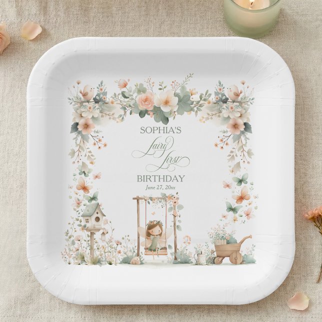 Fairy First Birthday Party Personalized Paper Plate (elegant floral fairy first birthday party paper plates with custom name and script calligraphy)