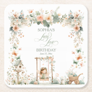 Fairy First Birthday Party Personalized Square Paper Coaster
