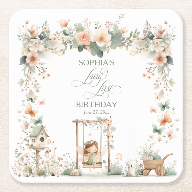 Fairy First Birthday Party Personalized Square Paper Coaster (Front)