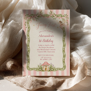 Fairy First Birthday Pink Stripes Mushroom Invitation