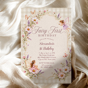 Fairy First Birthday Wildflower Gingham Invitation