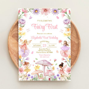 Fairy First Girl Floral 1st Birthday Invitation
