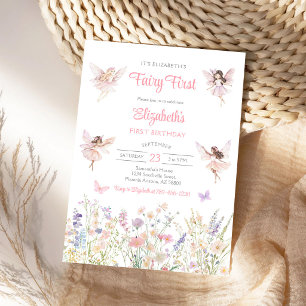 Fairy First Girl Floral 1st Birthday Invitation