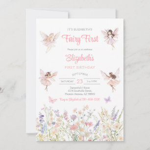 Fairy First Girl Floral 1st Birthday Invitation