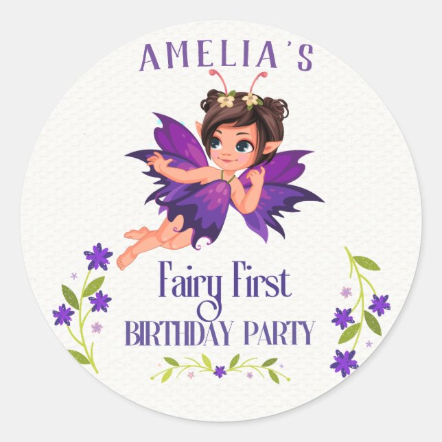 Fairy First Girl's 1st Birthday Enchanted forest Classic Round Sticker (Front)