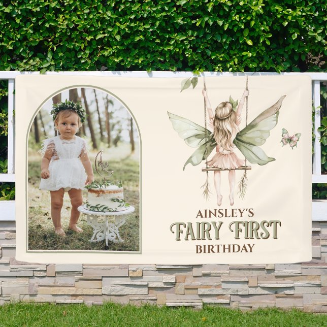 Fairy First Personalized Photo Pink 1st Birthday Banner (Creator Uploaded)