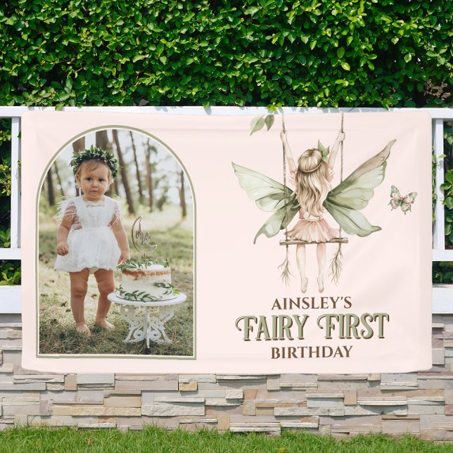 Fairy First Personalized Photo Pink 1st Birthday Banner (Creator Uploaded)