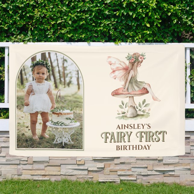 Fairy First Personalized Photo Pink 1st Birthday Banner (Creator Uploaded)