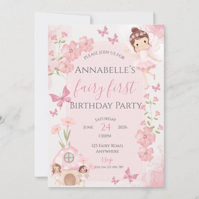 Fairy First Pink Birthday Invitation (Front)