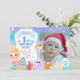 Fairy First Purple Sea Photo 1st Birthday Invitation