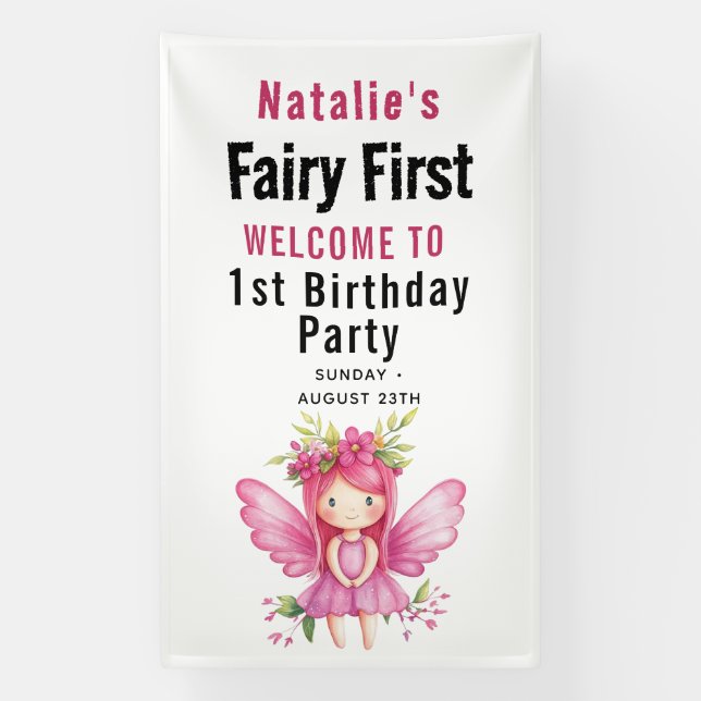 Fairy First Theme Girl's 1st Birthday Party Banner (Vertical)