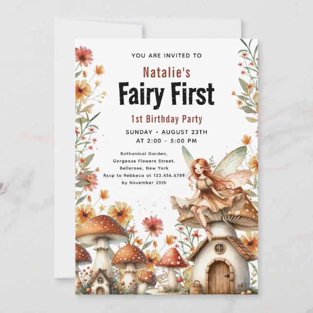 Fairy First Theme Girl's 1st Birthday Party Invitation (Front)