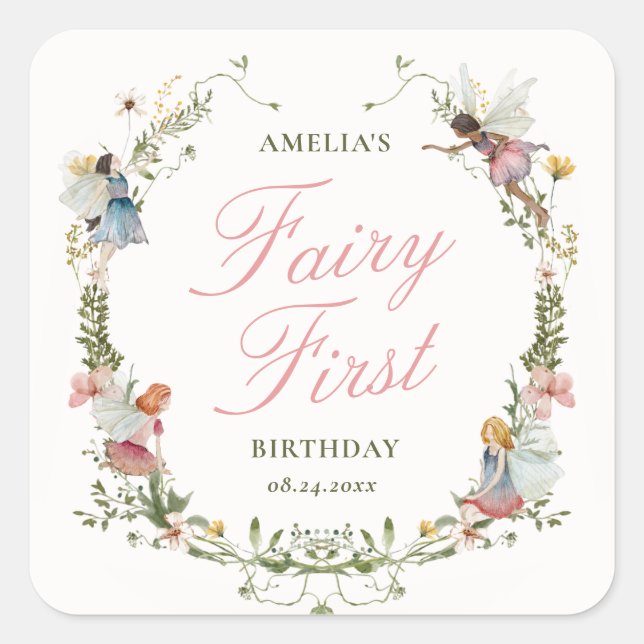 Fairy First Vintage Floral Birthday Square Sticker (Front)