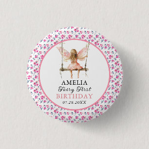 Fairy First Watercolor Floral Girls 1st Birthday 1 Inch Round Button