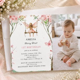Fairy First Watercolor Floral Girls 1st Birthday Invitation